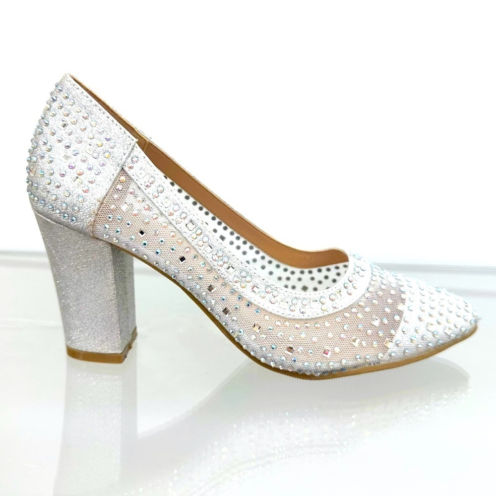 Dress Shoe Silver Chunky Heel Closed Pointed Toe